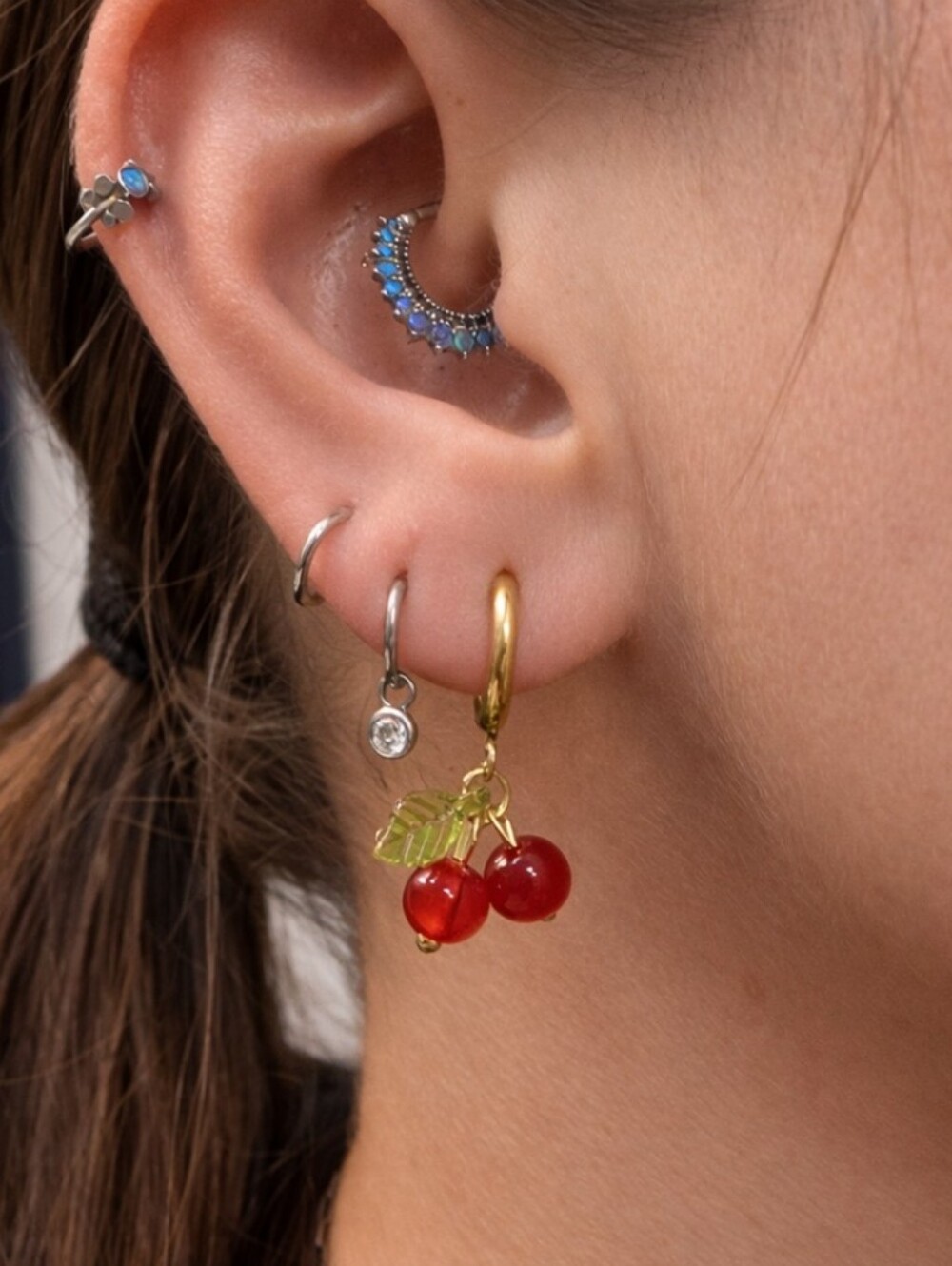 Gold Cherry Huggie Earrings, Gold Ion Plated Stainless Steel Hoops, Glass Beads - Picture 2 of 7
